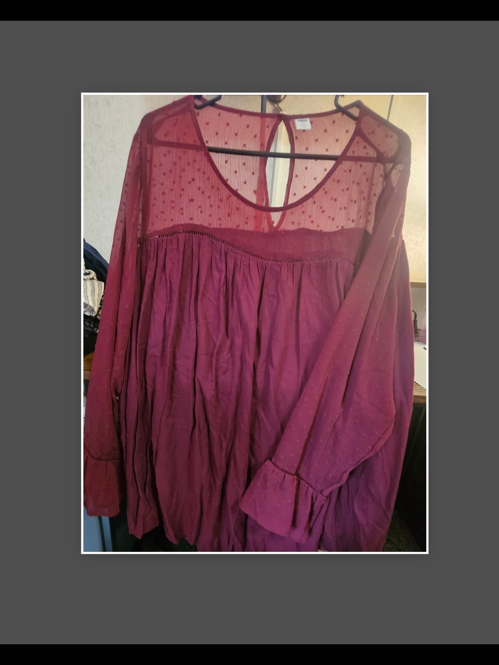 Old Navy Sheer Yoke Burgundy Peasant Blouse - Women's Top
